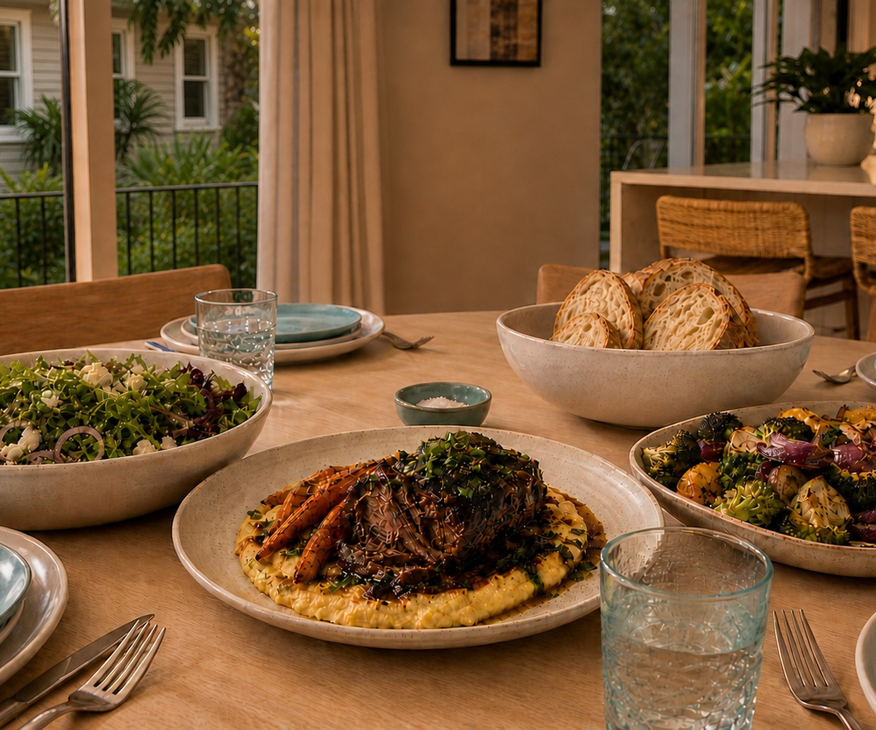 A family-style dinner spread on a kitchen table at home